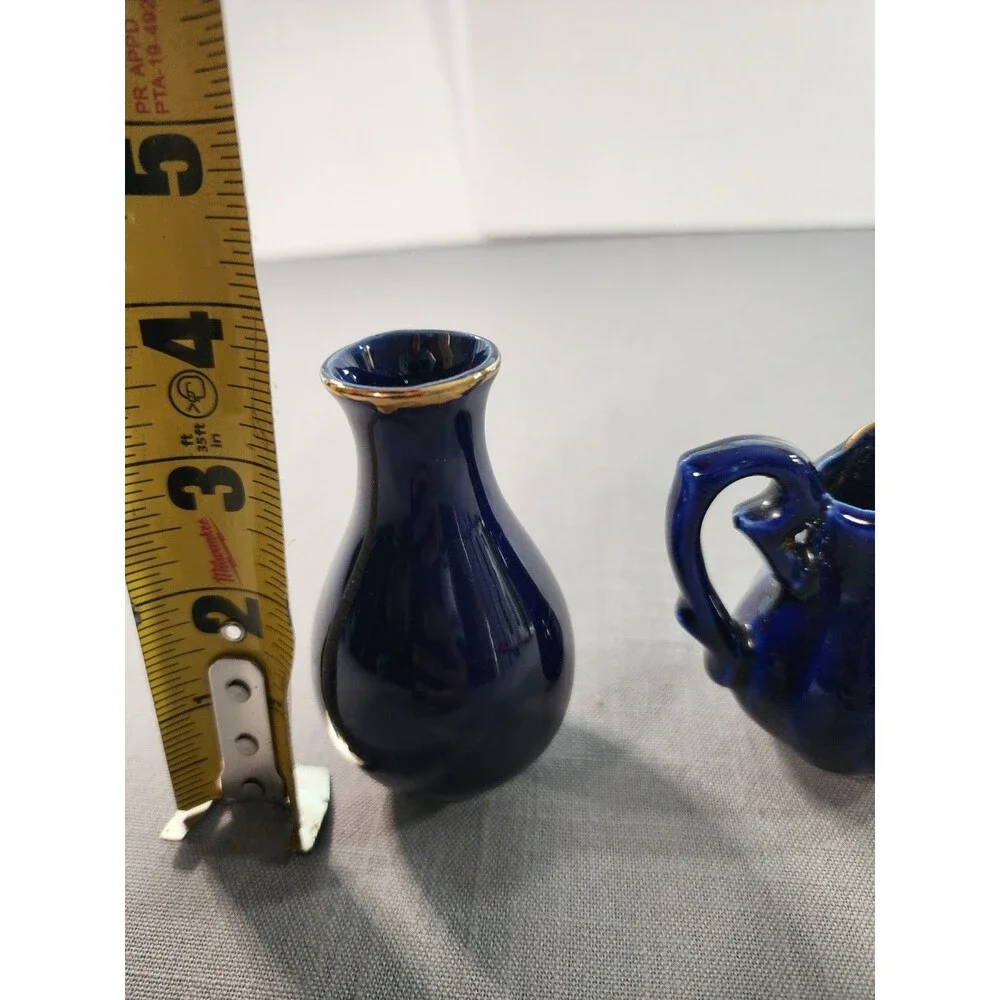 Vintage Cobalt Blue Mini Vase & Creamer Pitcher Set with Gold Trim – Floral &...